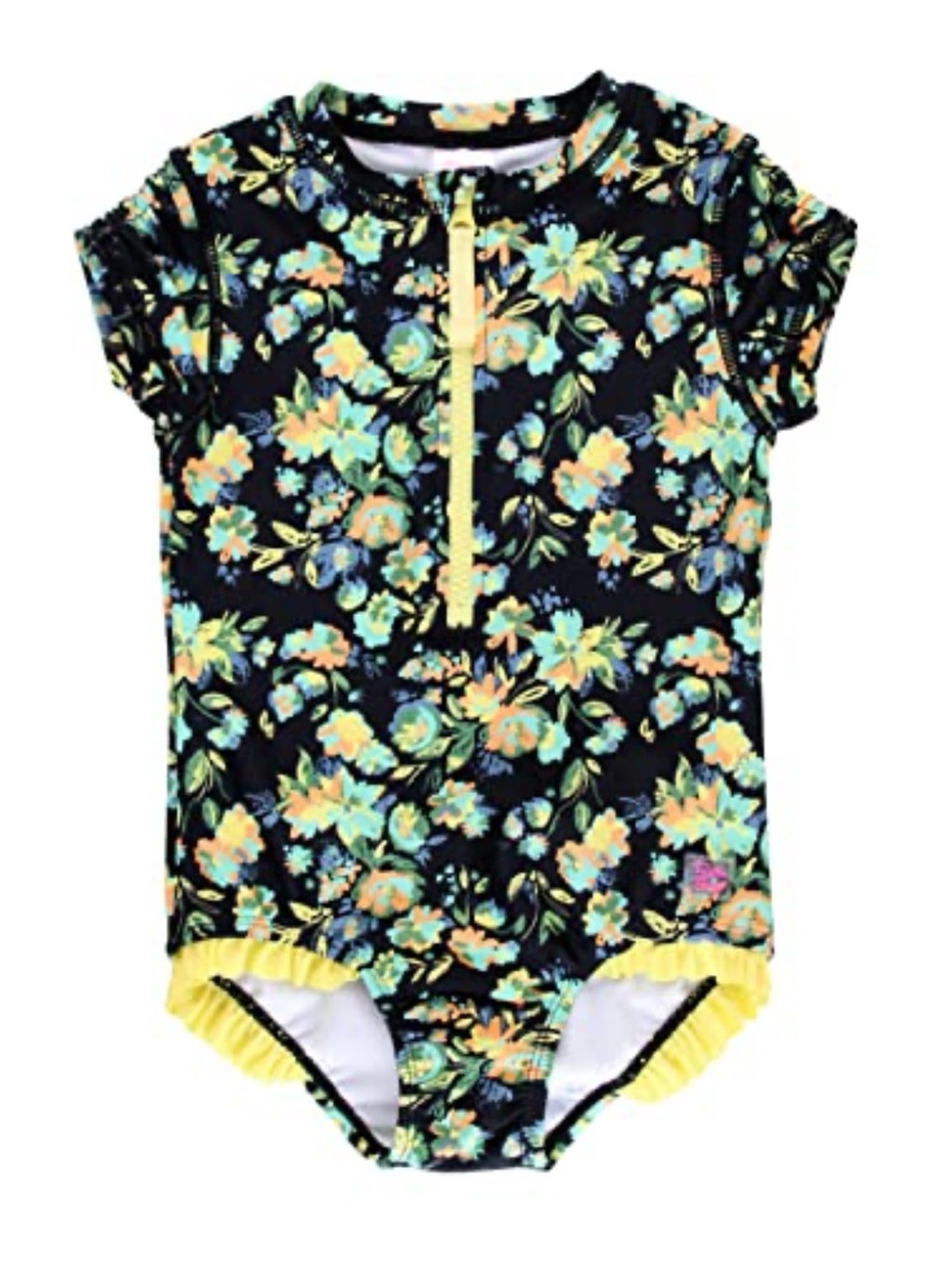 Ruffle Butts Black Floral One-Piece Swimsuit with Yellow Trim 3T
